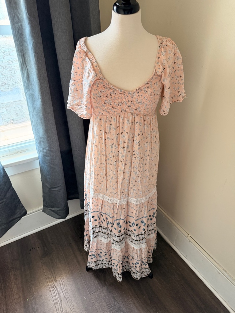 Peach Floral Maxi Dress with Smocked Bodice and Flutter Sleeves